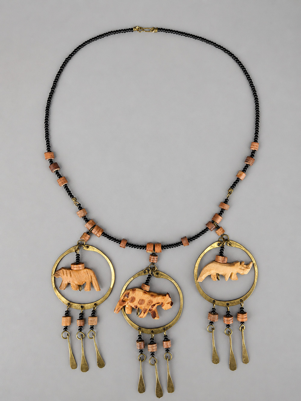 Vintage African Tribal Bib Necklace, Hand Carved Wood Safari Animals, Brass Hoop